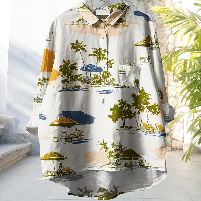 Womens Boho Tops 3/4 Long Sleeve Floral Blouses Hawaii Beach Button Down Shirts V Neck Pullover Casual Tunics