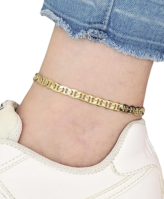 BA UNIQUE FASHION Gold Electroplated Anklet for Women, 9-12 Inch Sizes, Figaro, Cuban, Mariner, Herringbone Design - Made in Korea