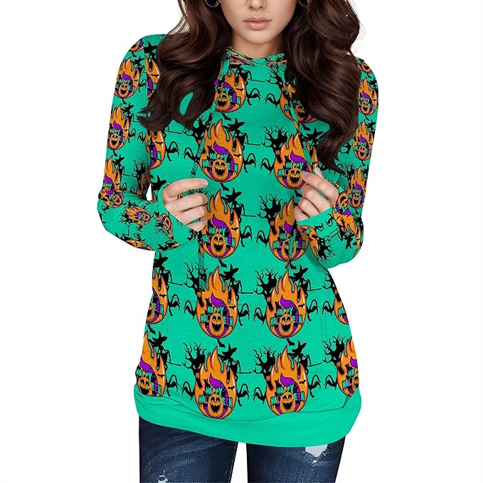 domirica Halloween Sweatshirts For Women Long Sleeve Spooky Graphic Sweatshirts Pumpkin Pullover Halloween Party Club Wear