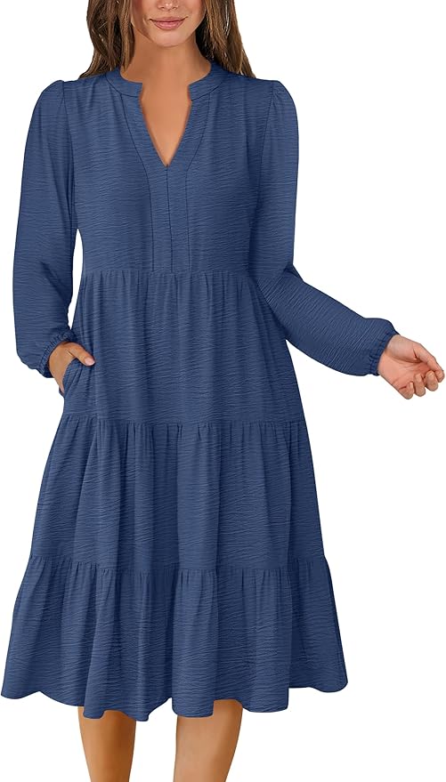 ANRABESS Womens Fall Midi Dresses Long Sleeve V Neck Swing Tiered Work Business Casual 2026 Flowy Beach Vacation Dress
