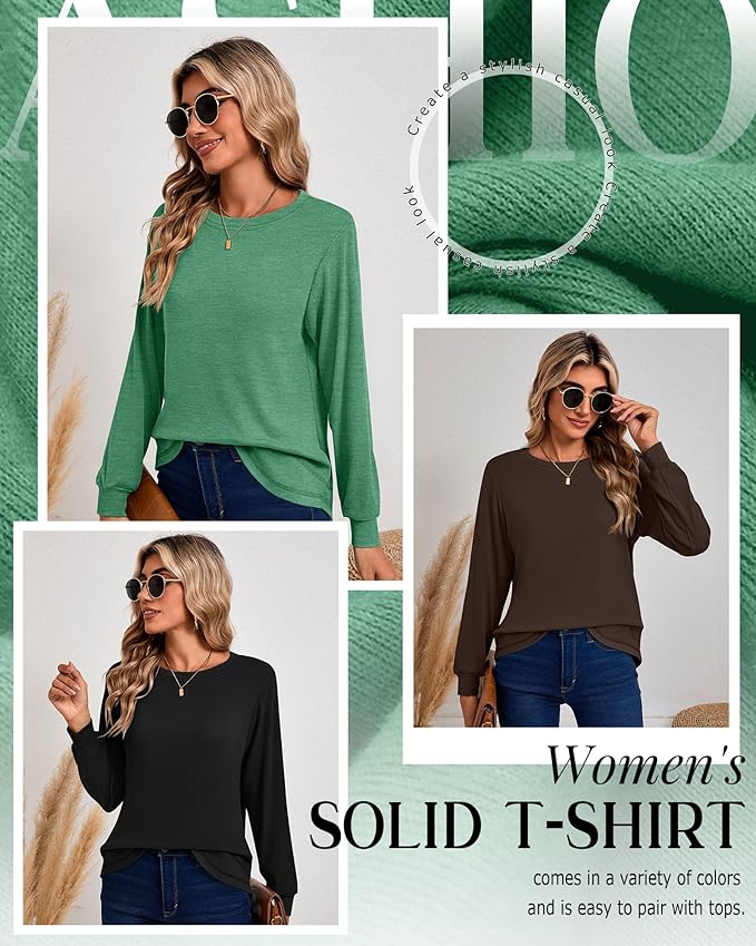 Ficerd 3 Pack Women's Long Sleeve Shirts, Cotton Crew Neck Tunic Tops Casual Loose Fit Pullover Sweatshirts Curved Hem Shirts