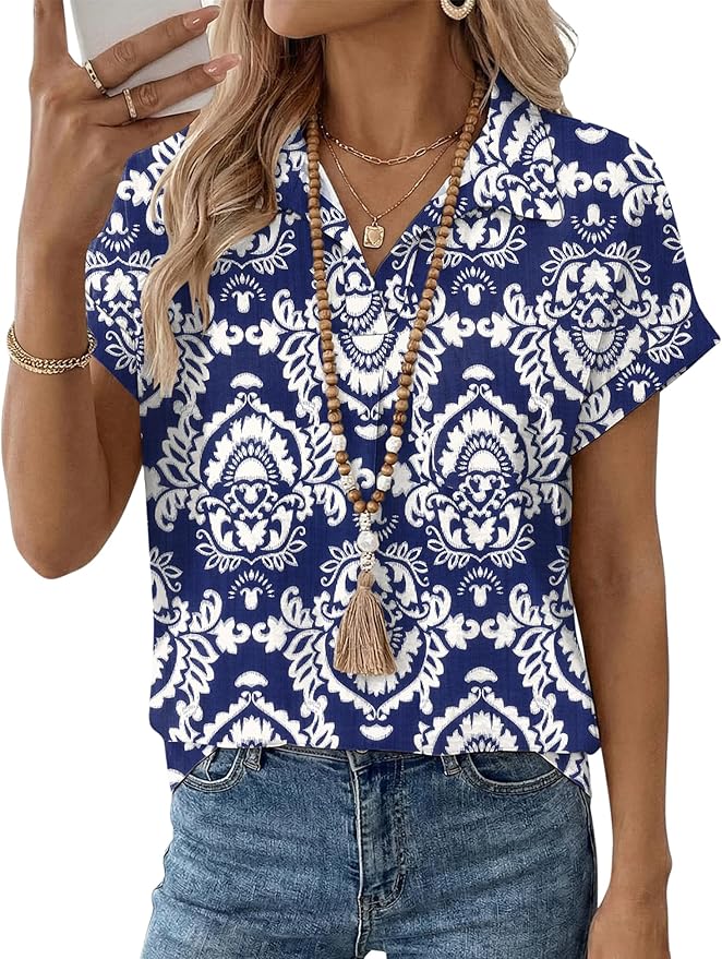 LOMON Women Blouses Spring Summer Tops for Women 2026 Short Sleeve V Neck Dressy Casual Collared Shirts Work Office