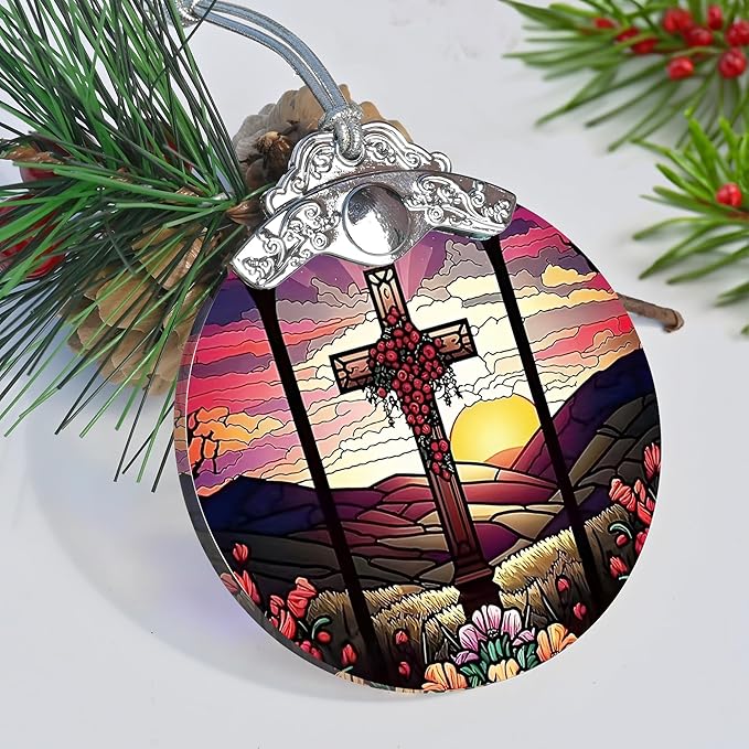 Jocidea Cross Christmas Ornament - Stained Glass Holiday Decoration for Tree, Xmas Gift Idea