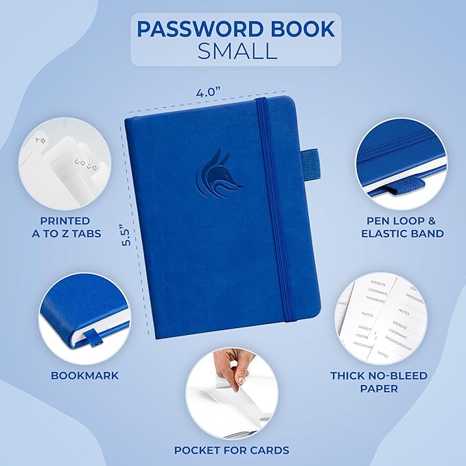 Clever Fox Password Book with alphabetical tabs. Internet Address Organizer Logbook. Small Pocket Password Keeper for Website Logins (Royal Blue)