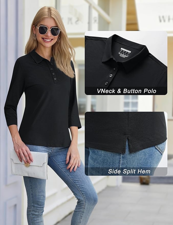 YUCOLEN Polo Shirts for Women 3/4 Sleeve Tops Golf Tees 5-Button Collared Cotton Shirt Business Casual