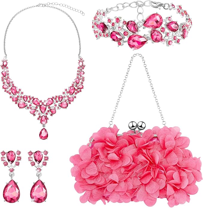 4 Pcs Flower Clutch Rhinestone Jewelry Set Rose Clutch Handbags with Detachable Strap Detachable Necklace Earrings Bracelets for Wedding Party Prom Valentine Gift