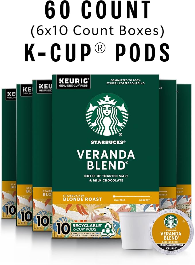 Starbucks K-Cup Coffee Pods, Starbucks Blonde Roast Hot or Iced Coffee, Veranda Blend, 60 Keurig Pods