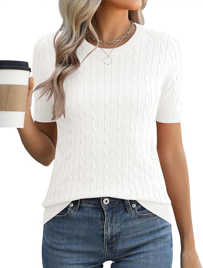 Micoson Womens Short Sleeve Cable Knit Sweater Tops Crewneck Lightweight Spring Summer Shirts Business Dressy Casual Outfits