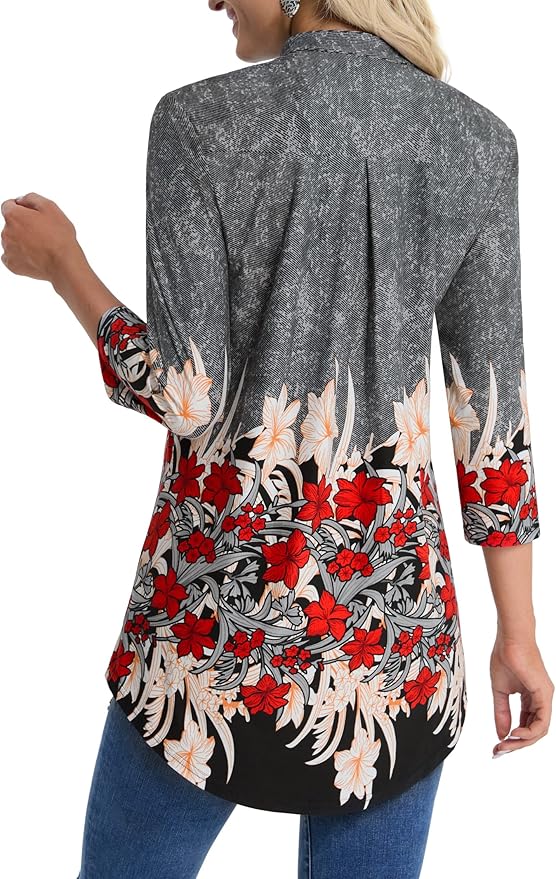 BAISHENGGT 3/4 Sleeve Tops for Women Notch V Neck Floral Work Blouses Dressy Casual Loose Fit Going Out Tunic Tops