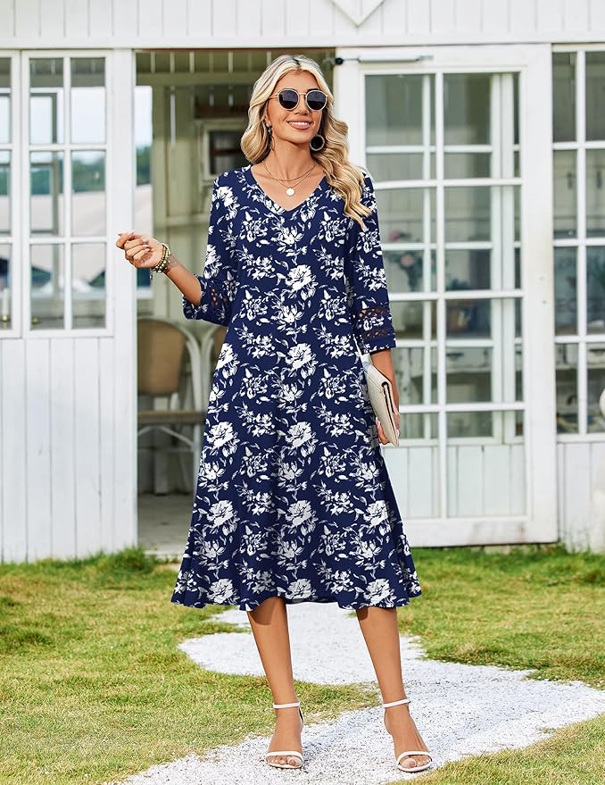 Zeagoo Women's Dresses 3/4 Sleeve Summer Casual V-Neck A Line Flowy Eyelet Midi Dress for Women Beach Vacation Sundress
