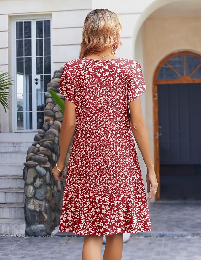 Zeagoo Women's Casual Dresses with Pockets Summer Floral V-Neck A-Line Tshirt Dress Short Sleeve Mini Dress Beach Sundress