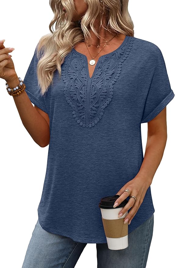 Sipaya Womens Blouses Dressy Casual Summer Shirts Short Sleeve Lace Front Boho Tunic Tops for Leggings Fashion Clothes