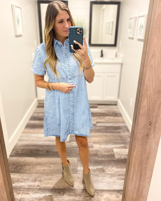 LookbookStore Women's Short Sleeve Button Down Flowy Tiered Babydoll Denim Dress