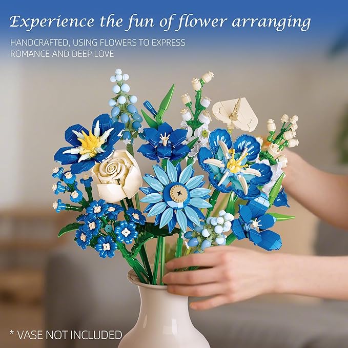 noziaa Flower Bouquet Building Blocks Set, Creative Blue Tulip Artificial Flower Plant Models, Home Decor or Idea Present for Adults and Kids, Valentine's Day Gifts for Girls, 766 PCS-JJ9240