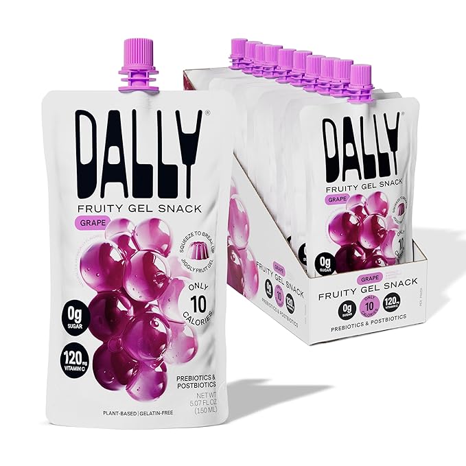 DALLY Grape Konjac Jelly Pouch (10 Pack) - Plant Based, Zero Sugar, Low-Calorie Jellified Fruit Snack - Vitamin C & Prebiotic Postbiotic Blend - Konjac Jelly Snack for Skin & Weight Management