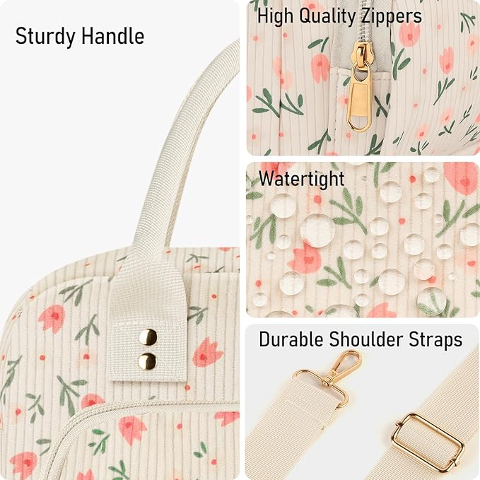 Lunch Bag Large Insulated Lunch Box for Women Men Adult Cute Pink Floral Lunchbox Corduroy Lunch Bags Boxes Pail with Shoulder Strap for Work Mom Picnic Office Travel 11.4×6.8×9.1 inches 11.5L Beige