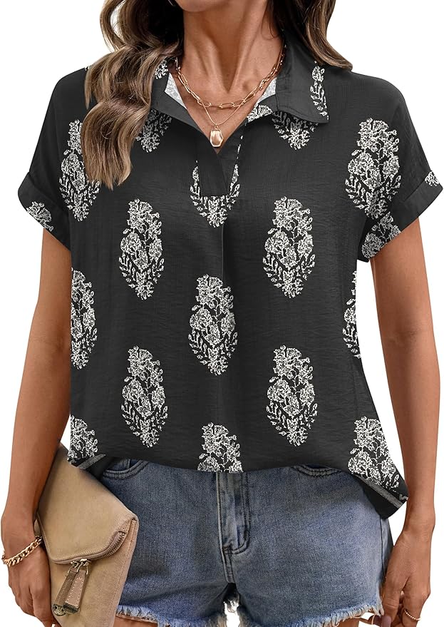 LOMON Women Blouses Spring Summer Tops for Women 2026 Short Sleeve V Neck Dressy Casual Collared Shirts Work Office