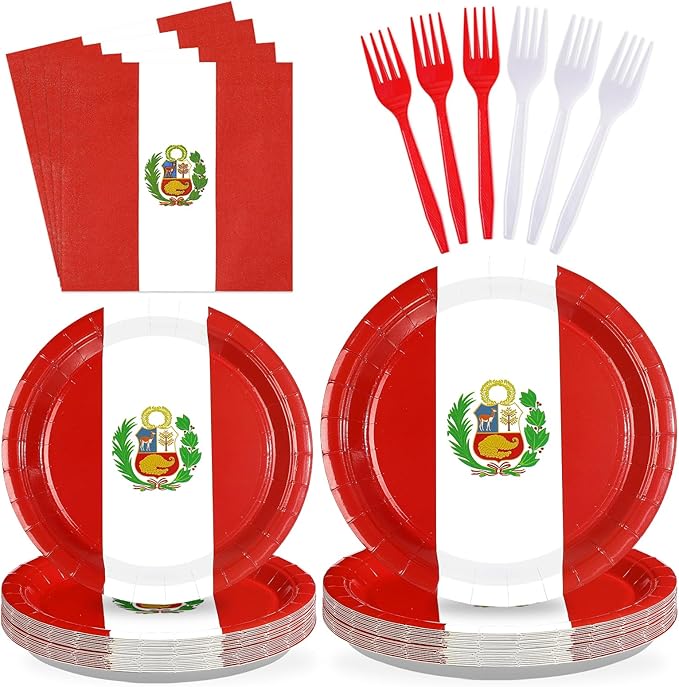 Greencian 96Pcs Peru Flag Party Supplies Peruvian National Day Plates and Napkins Peru Red and White Tableware Set for Peruvian National Sports Events Patriotic Festival Party Decorations，Serves 24