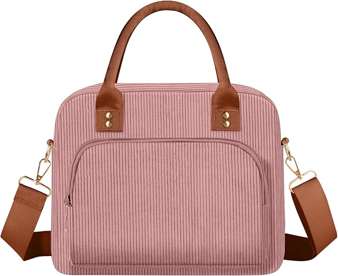 Lunch Bag Large Insulated Lunch Box for Women Men Adult Cute Pink Lunchbox Corduroy Lunch Bags Boxes Pail with Adjustable Shoulder Strap for Work Mom Picnic Office Travel 11.4×6.8×9.1 inches 11.5L