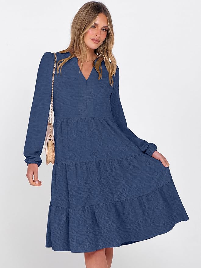 ANRABESS Womens Fall Midi Dresses Long Sleeve V Neck Swing Tiered Work Business Casual 2026 Flowy Beach Vacation Dress