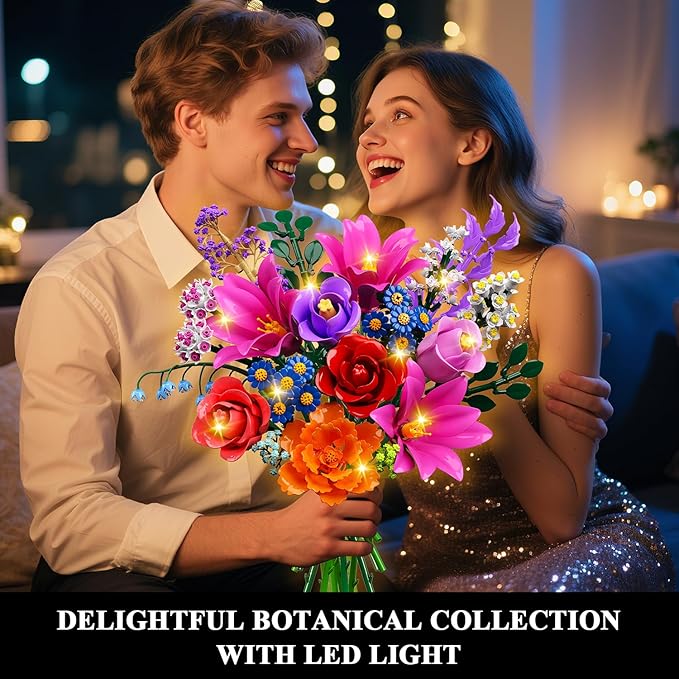 CUBIMANA Valentines Flowers Bouquet Building Set with LED Light, 21 Flower Botanical Collection Block Toy, Rose Lily Home Plant Decor 1054PCS, Gifts for Her Adults Women Mom Kids Girls 12+ (RED)