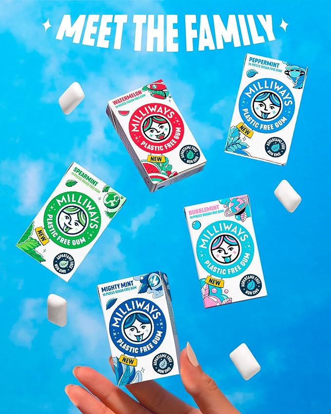 Milliways Mighty Mint | Plastic Free Gum | Xylitol, Aspartame-Free, Sugar-Free, Plant-Based, Natural Chewing Gum | 40 Pieces Total (4 Packs of 10 Pieces)