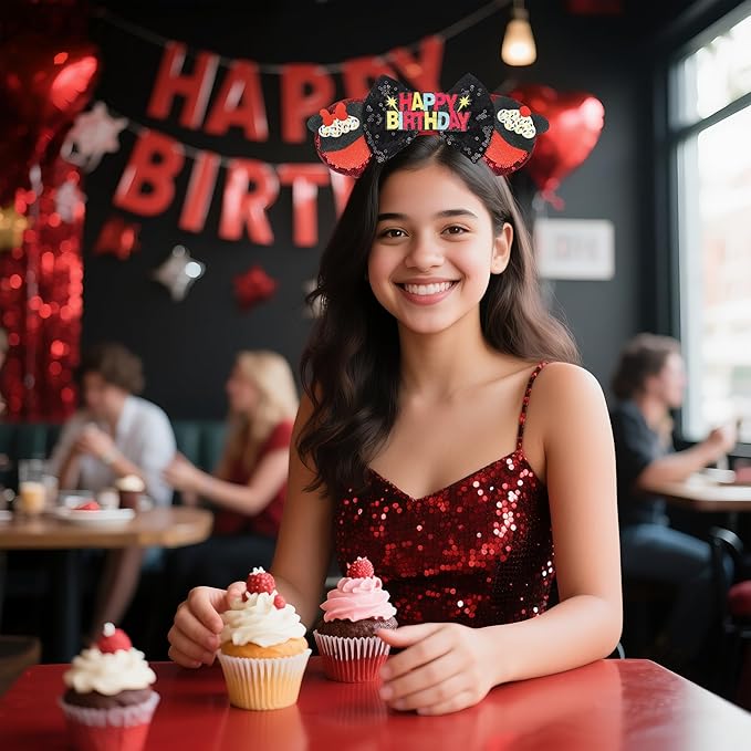 bianbaistar Red Black Sequin Birthday Ear Headband - Cupcake Detail Hair Accessory for Birthday Bash, Theme Park & Celebration Events