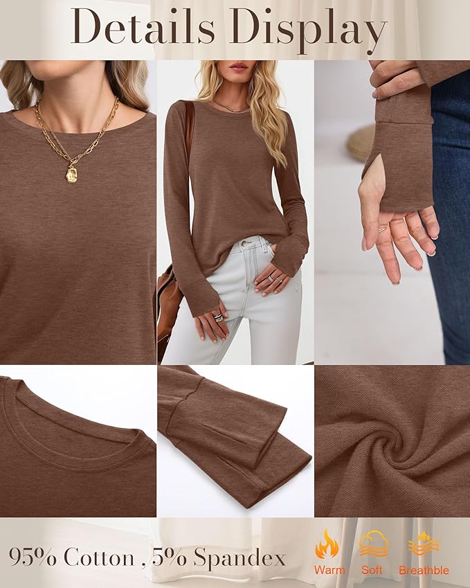 Huukeay 3 Pack Women's Long Sleeve Shirts with Thumb Holes, Cotton Casual Crew Neck Tunic Tops Fall Loose Y2k Trendy Outfits