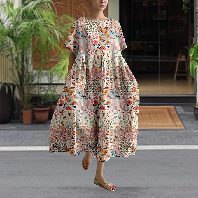 MARSVOVO Patchwork Flowy Dresses for Women Plus Size Loose Casual Tunic Dress Elegant Crewneck Maxi Dresses with Pockets