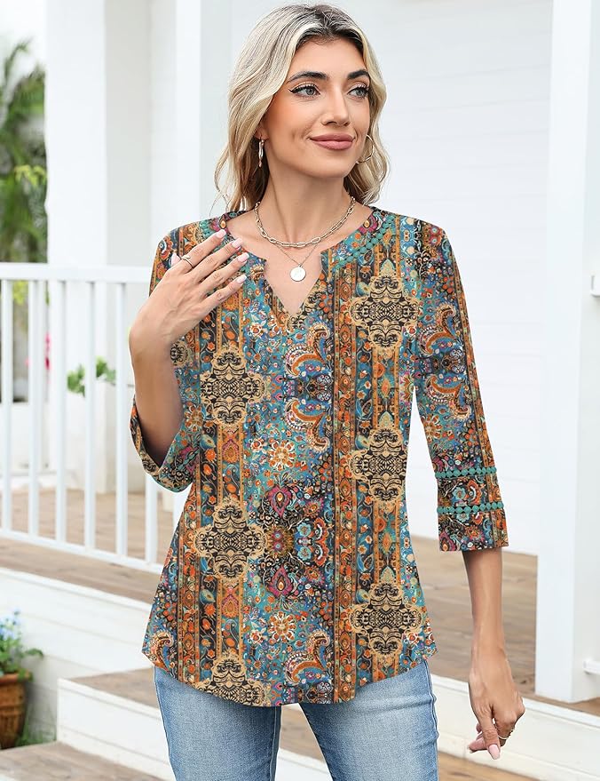 Ivicoer 3/4 Length Sleeve Womens Tops V Neck Lace Embroidered Summer Blouses Loose Fit Tunic Dressy Casual