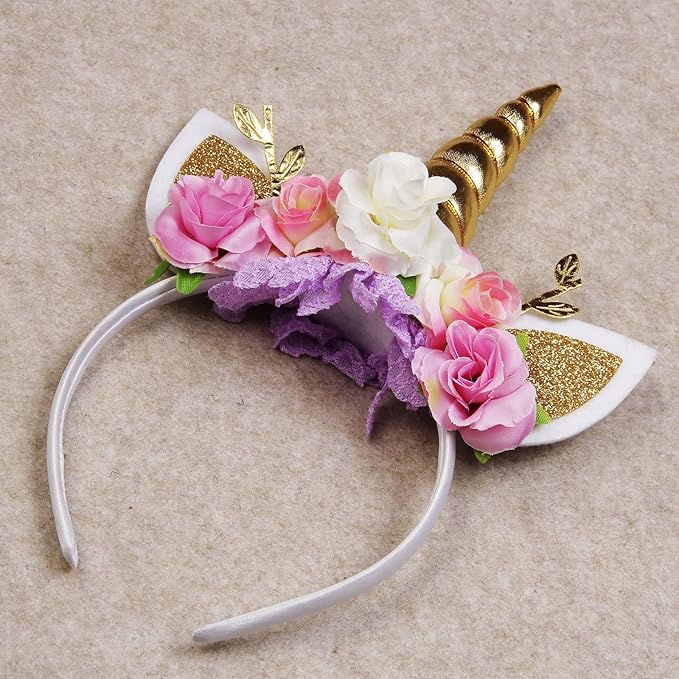 Nishine Unicorn Horn Floral Headband Glitter Ears Pony Head Bands Tiara for Girls Party Birthday Cosplay