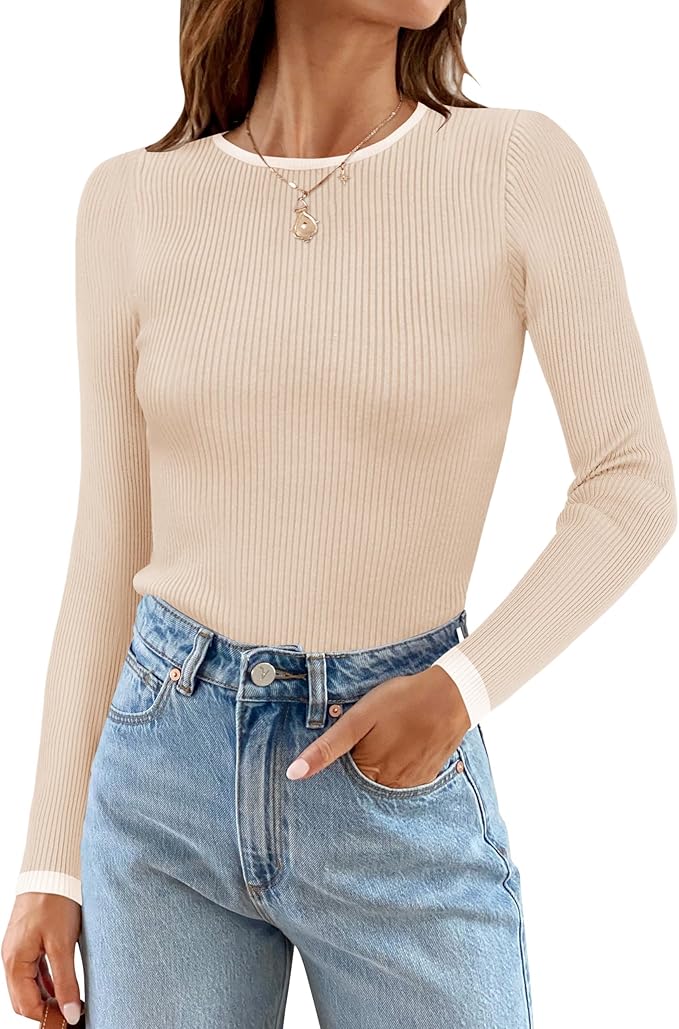 ZESICA Women's Long Sleeve Crewneck Shirts 2026 Fall Ribbed Knit Sweater Slim Fitted Casual Basic Tee Tops