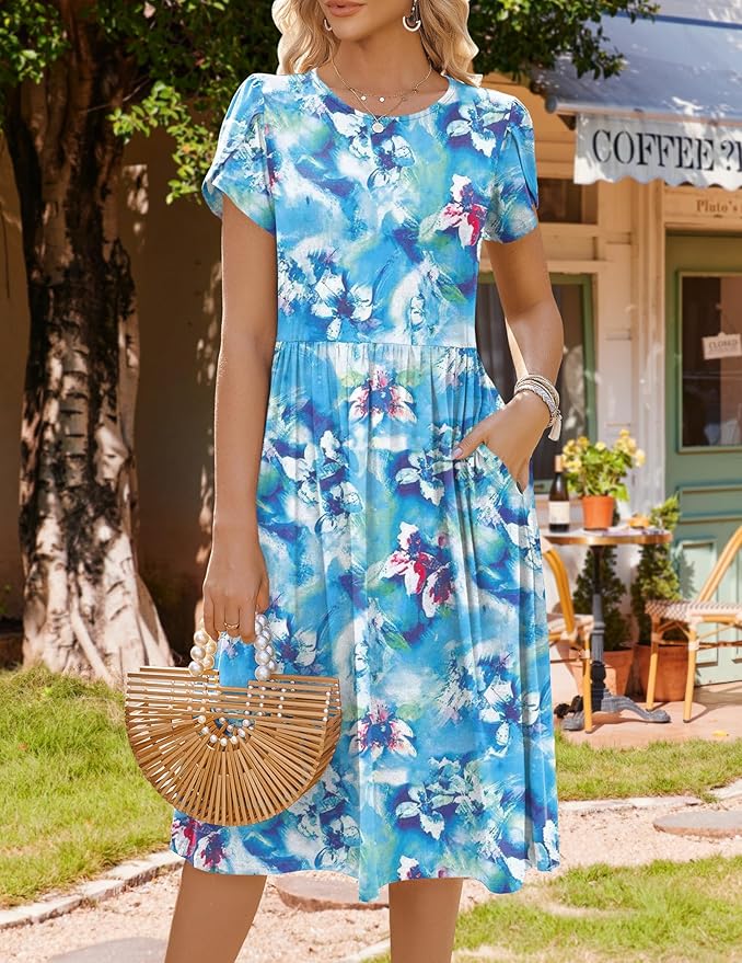 HOTOUCH Women's Summer A-Line Midi Dresses 2026 Casual Floral Short Sleeve T-Shirt Dress Flowy Beach Sundress with Pockets
