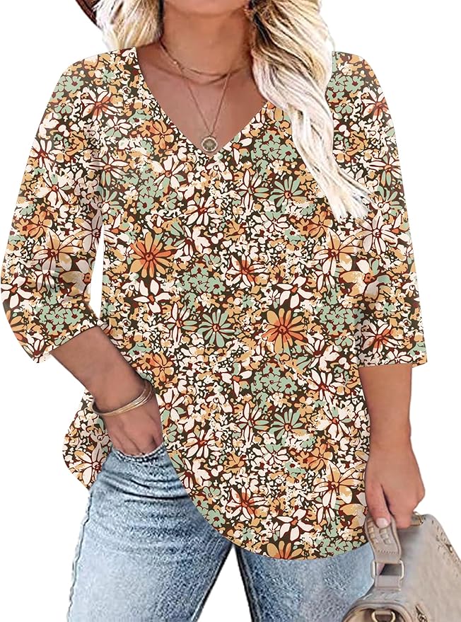TFSDOD Womens Plus Size Tops V Neck T Shirts 3/4 Sleeve Blouse Summer Casual Tees XL-5X