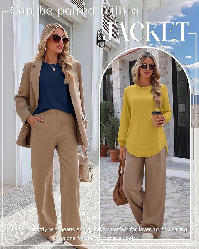 Ficerd 3 Pack Women's Long Sleeve Shirts, Cotton Crew Neck Tunic Tops Casual Loose Fit Pullover Sweatshirts Curved Hem Shirts