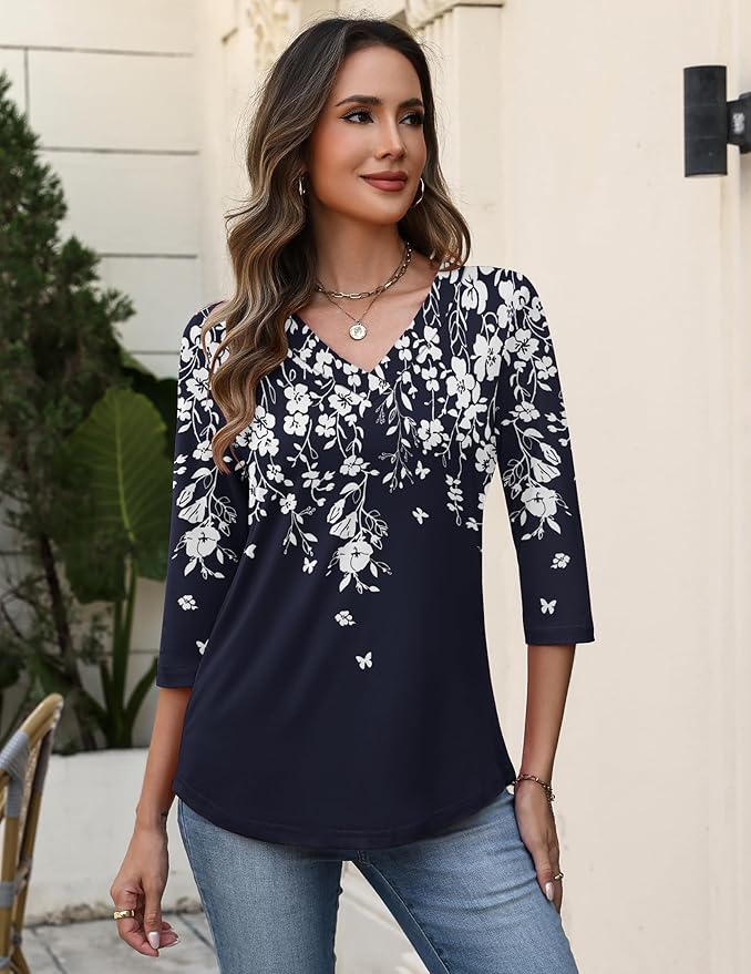Zeagoo 3/4 Length Sleeve Womens Tops V Neck Shirt Dressy Casual Blouse Basic Tshirts 2026 Fashion Clothing S-2XL