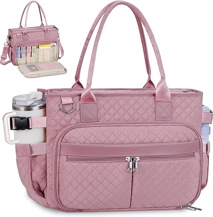 FIORETTO Teacher Tote Bag for Women with Laptop Compartment, Large Cup Holder, Zip Closure, Ideal for Work, Bible, Nurse
