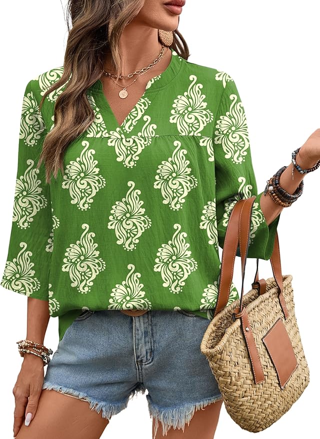 Rapbin Womens 3/4 Sleeve V Neck Floral Print Pleated Blouses for Women Dressy Casual Loose Fit Tops