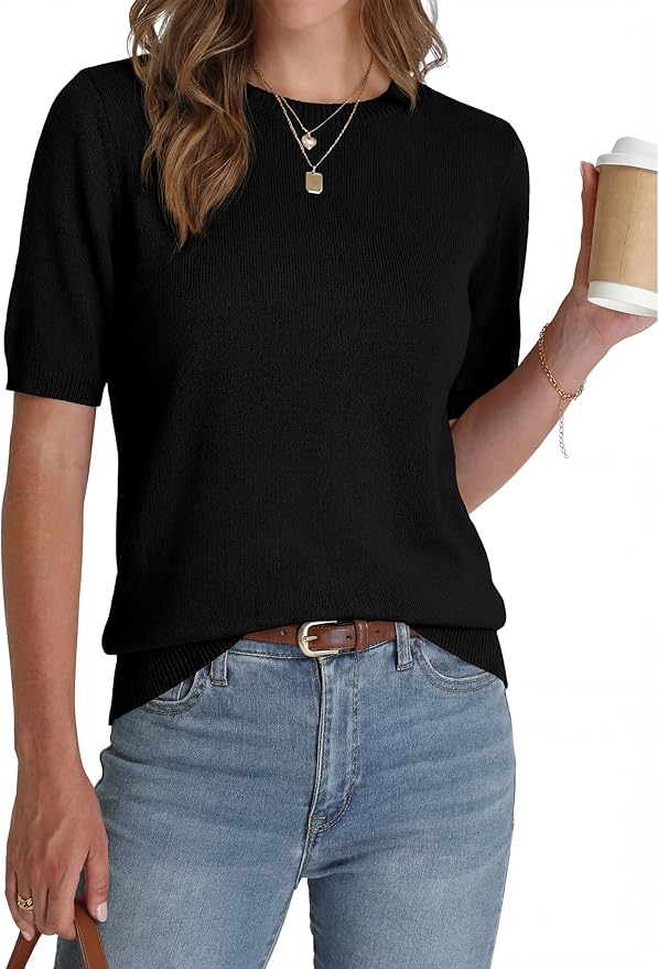 BTFBM Short Sleeve Sweater for Women Spring Tops Crew Neck Lightweight Pullover Loose Dressy Casual Blouse Basic Clothes