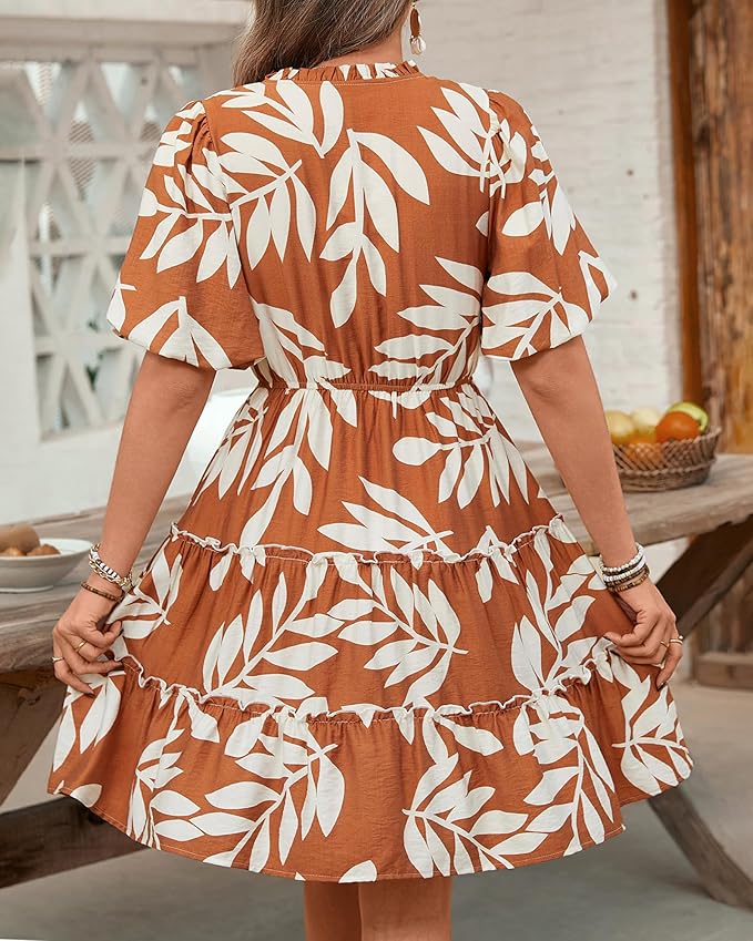 BTFBM Women Summer Floral Short Dresses V Neck Short Sleeve Tiered Ruffle Boho Swing Dress A-Line Mini Dresses