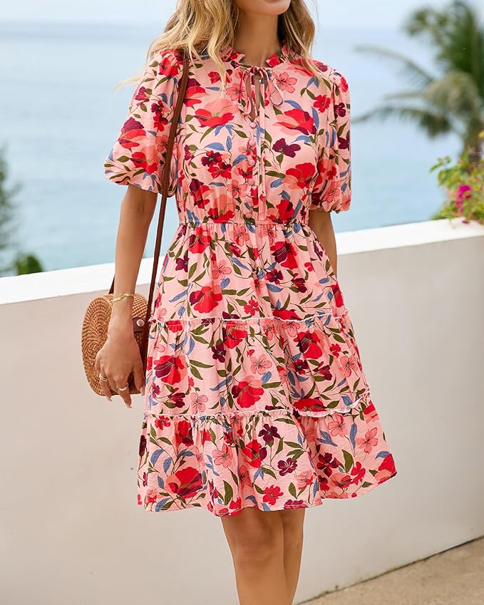 BTFBM Women Summer Floral Short Dresses V Neck Short Sleeve Tiered Ruffle Boho Swing Dress A-Line Mini Dresses
