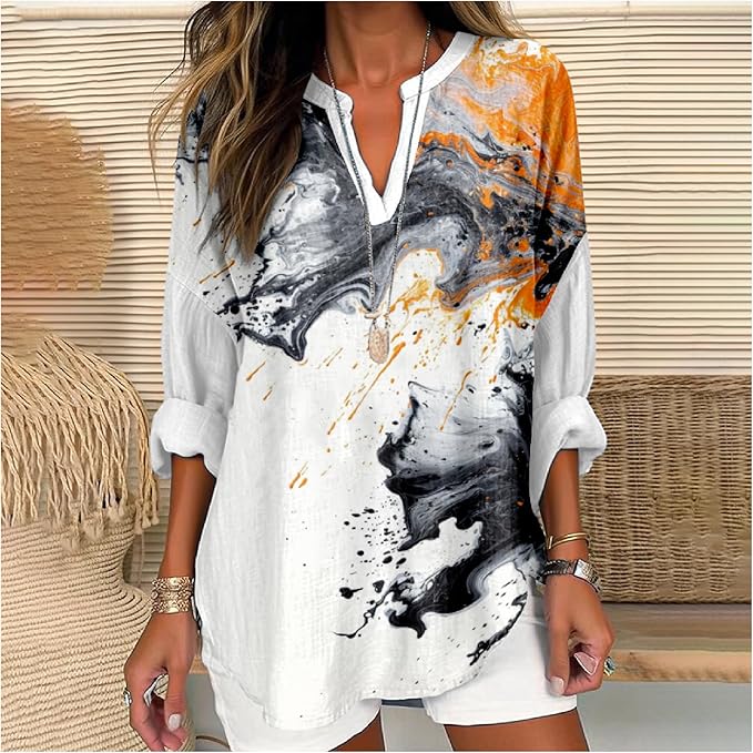 MARSVOVO V Neck Shirt For Women Boho Multi Style Blouse Long Sleeve Novelty Graphic Plus Size Pullover Tops For Women