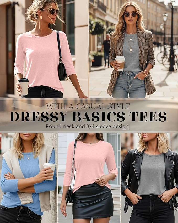 Ficerd 3 Pack 3/4 Sleeve Tops for Women Round Neck Dressy Basics Tees Casual Trendy Loose Fit T Shirts