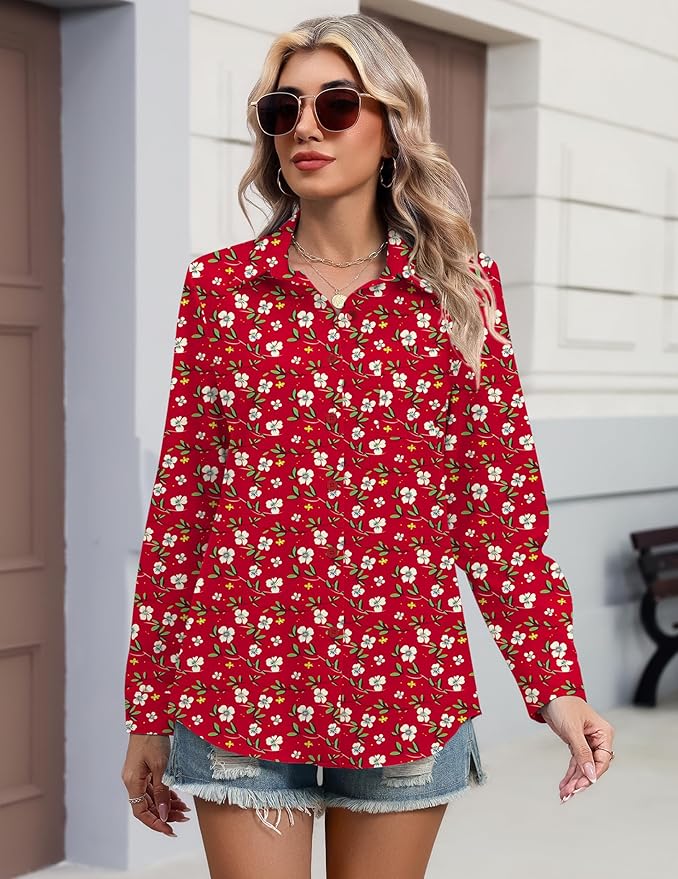 HOTOUCH Button Down Shirts for Women Long Sleeve Blouse Dressy Casual Business Work Tops with Pocket