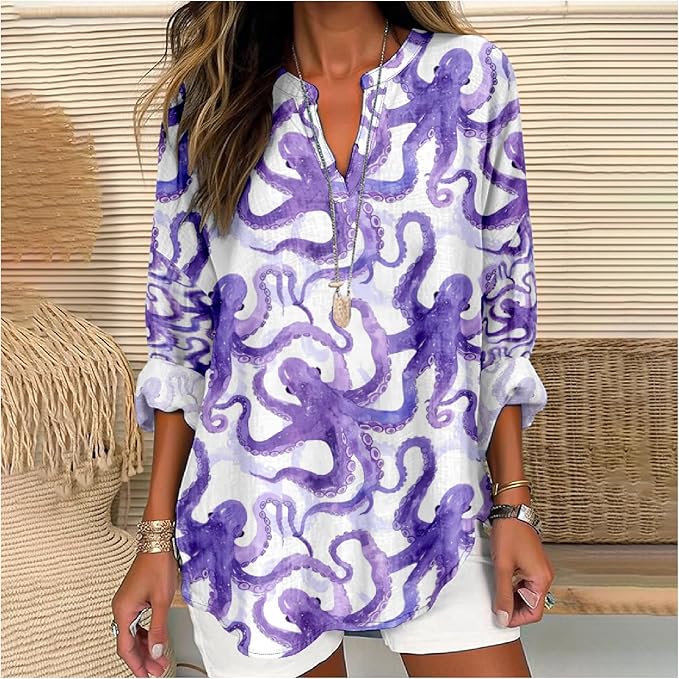 MARSVOVO V Neck Shirt For Women Boho Multi Style Blouse Long Sleeve Novelty Graphic Plus Size Pullover Tops For Women