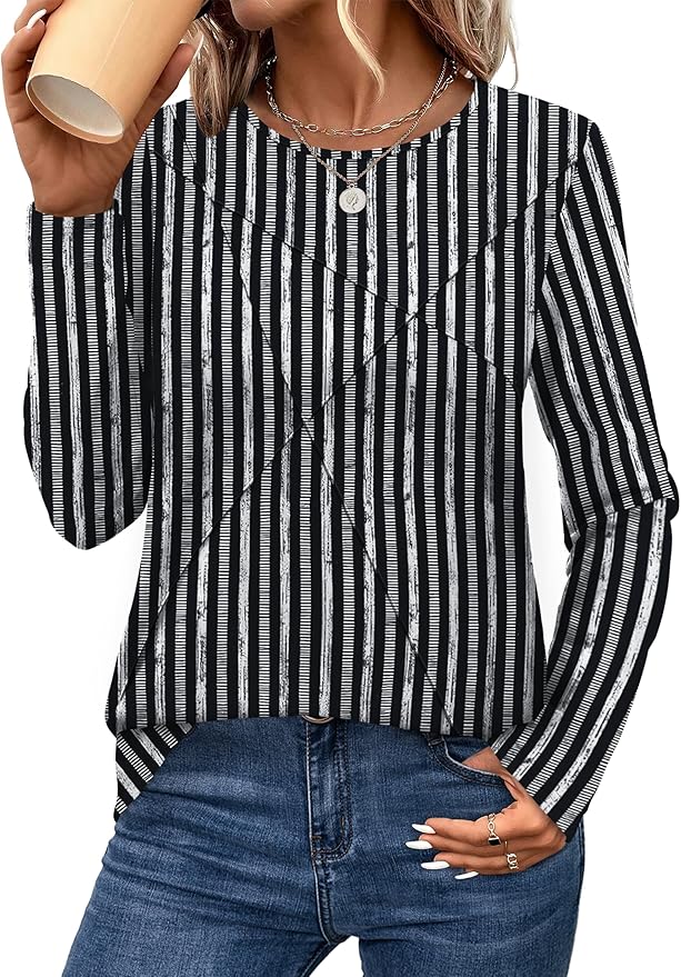 XIEERDUO Long Sleeve Shirts for Women Business Casual Tops Trendy Crewneck Fall T Shirts Pleated Loose Fit