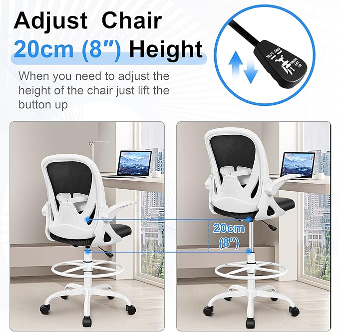 Primy Ergonomic Drafting Chair with Flip-up Armrests Tall Office Chair for Standing Desk Comfortable Desk Chair with Adjustable Footrest Ring and Lumbar Support in Gray Perfect for Home (White)
