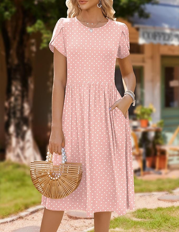 HOTOUCH Women's Summer A-Line Midi Dresses 2026 Casual Floral Short Sleeve T-Shirt Dress Flowy Beach Sundress with Pockets