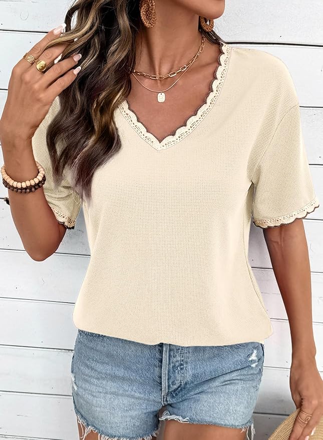 Dokotoo Womens Summer Tops Casual Short Sleeve Lace T-Shirts Solid V Neck Waffle Knit Shirts Blouses