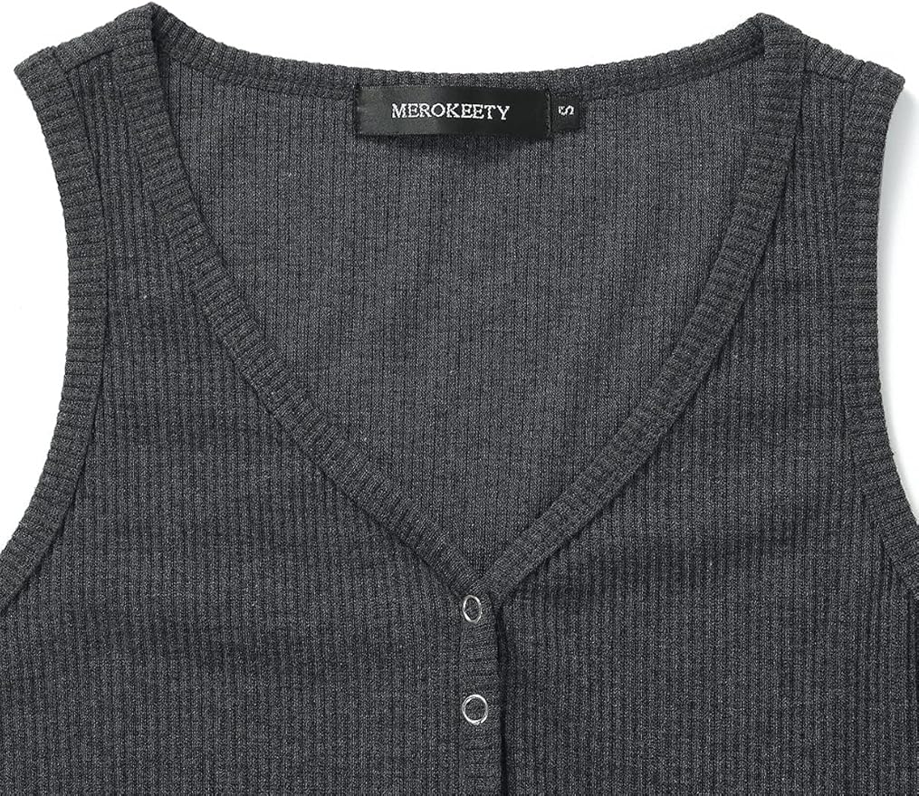 MEROKEETY Women's 2026 Summer Sleeveless Tank Tops V Neck Ribbed Dressy Casual Henley Shirts Button Loose Cami Tees